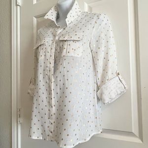 Charter Club Luxury Linen Shirt with Gold Polka Dots Tab Sleeves & Front Pockets